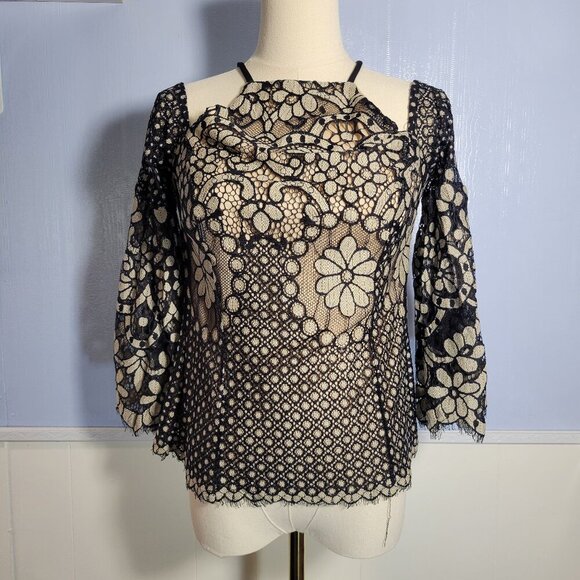 Venus Size 4 Cream Black Lace Floral Overlay Cold Shoulder Long Bell Sleeve Top - Picture 1 of 12